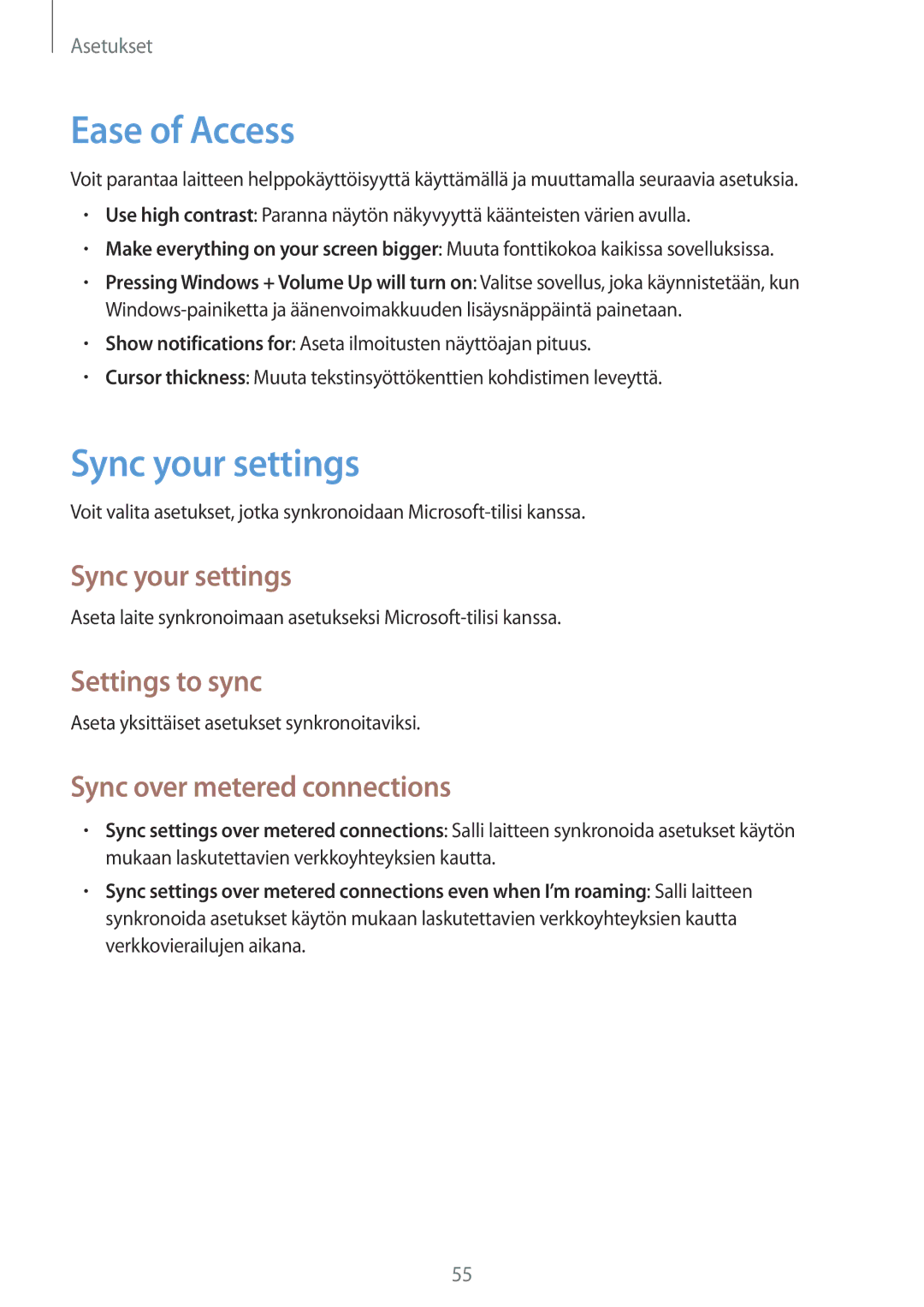 Samsung GT-P8510MSENEE, GT-P8510MSANEE Ease of Access, Sync your settings, Settings to sync, Sync over metered connections 