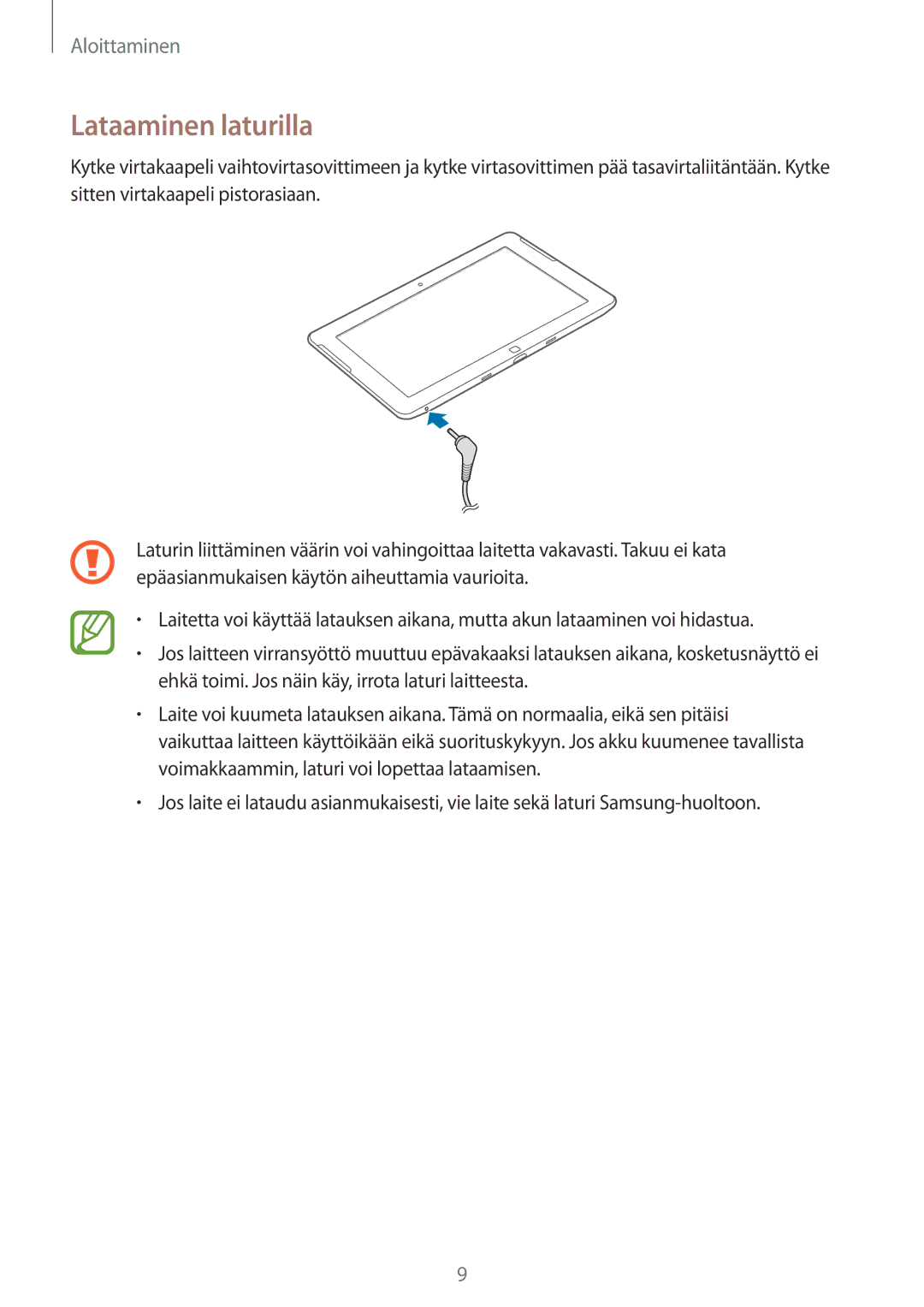 Samsung GT-P8510MSENEE, GT-P8510MSANEE manual Lataaminen laturilla 