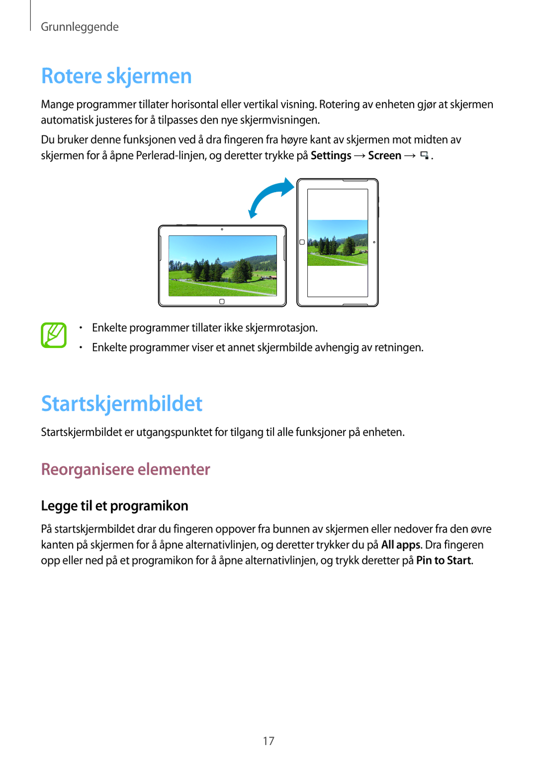 Samsung GT-P8510MSENEE manual Rotere skjermen, Startskjermbildet, Reorganisere elementer, Legge til et programikon 