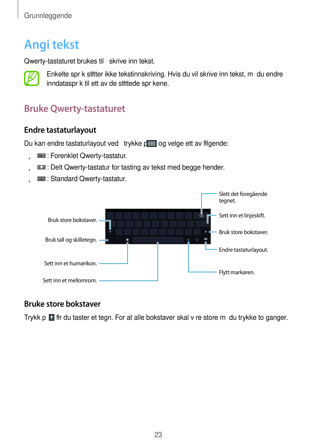 Samsung GT-P8510MSENEE, GT-P8510MSANEE Angi tekst, Bruke Qwerty-tastaturet, Endre tastaturlayout, Bruke store bokstaver 