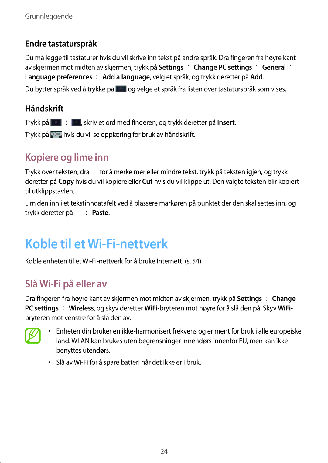 Samsung GT-P8510MSANEE manual Koble til et Wi-Fi-nettverk, Kopiere og lime inn, Slå Wi-Fi på eller av, Endre tastaturspråk 