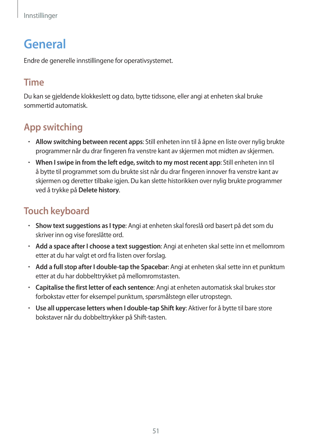 Samsung GT-P8510MSENEE, GT-P8510MSANEE manual General, Time, App switching, Touch keyboard 