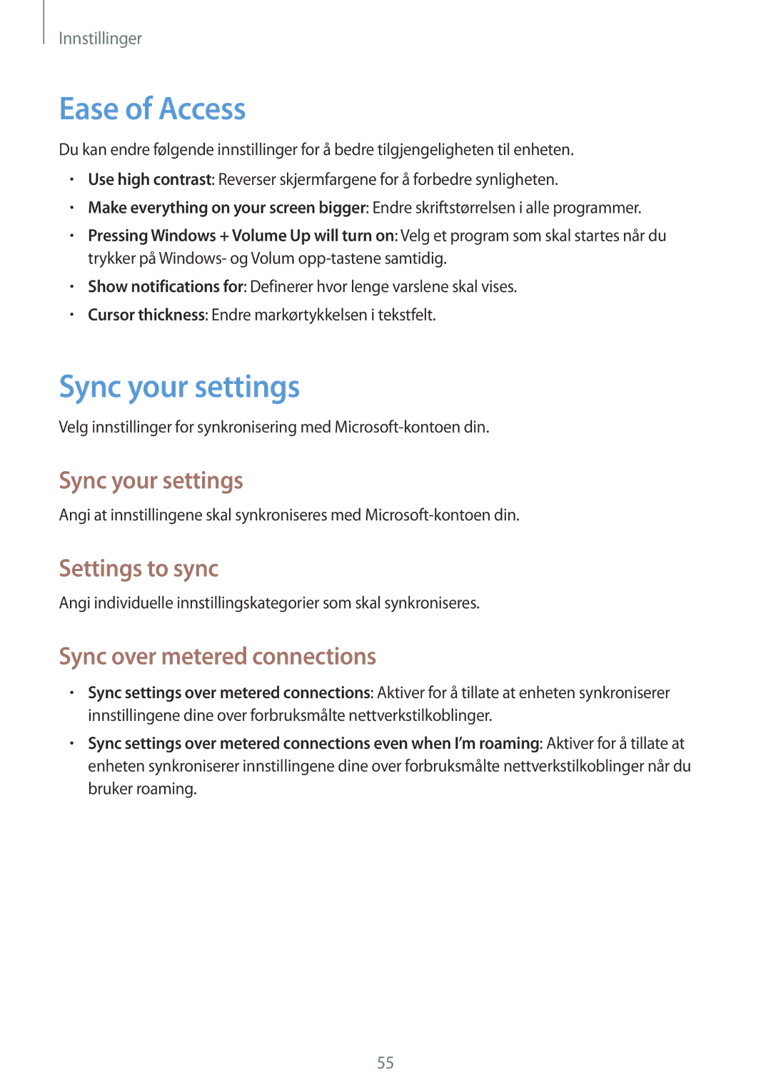 Samsung GT-P8510MSENEE, GT-P8510MSANEE Ease of Access, Sync your settings, Settings to sync, Sync over metered connections 