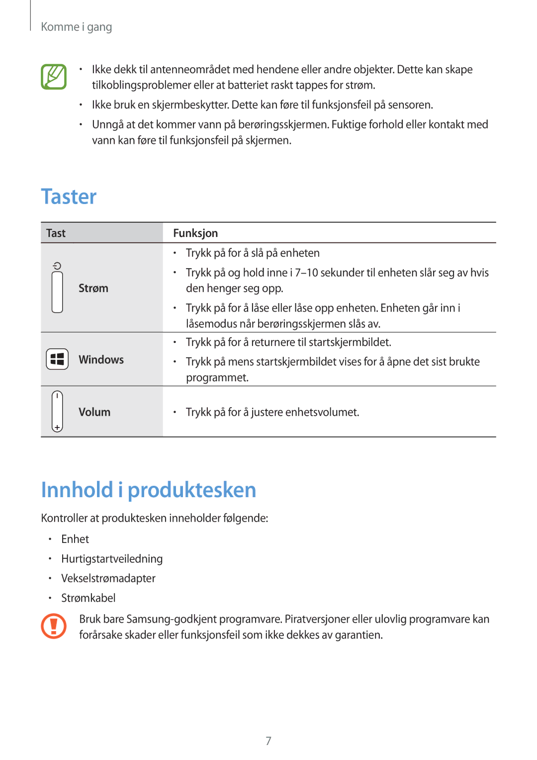 Samsung GT-P8510MSENEE, GT-P8510MSANEE manual Taster, Innhold i produktesken 