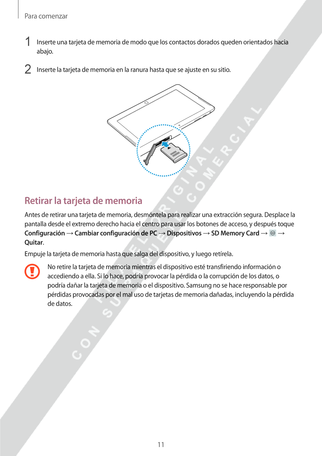 Samsung GT-P8510MSAPHE manual Retirar la tarjeta de memoria 