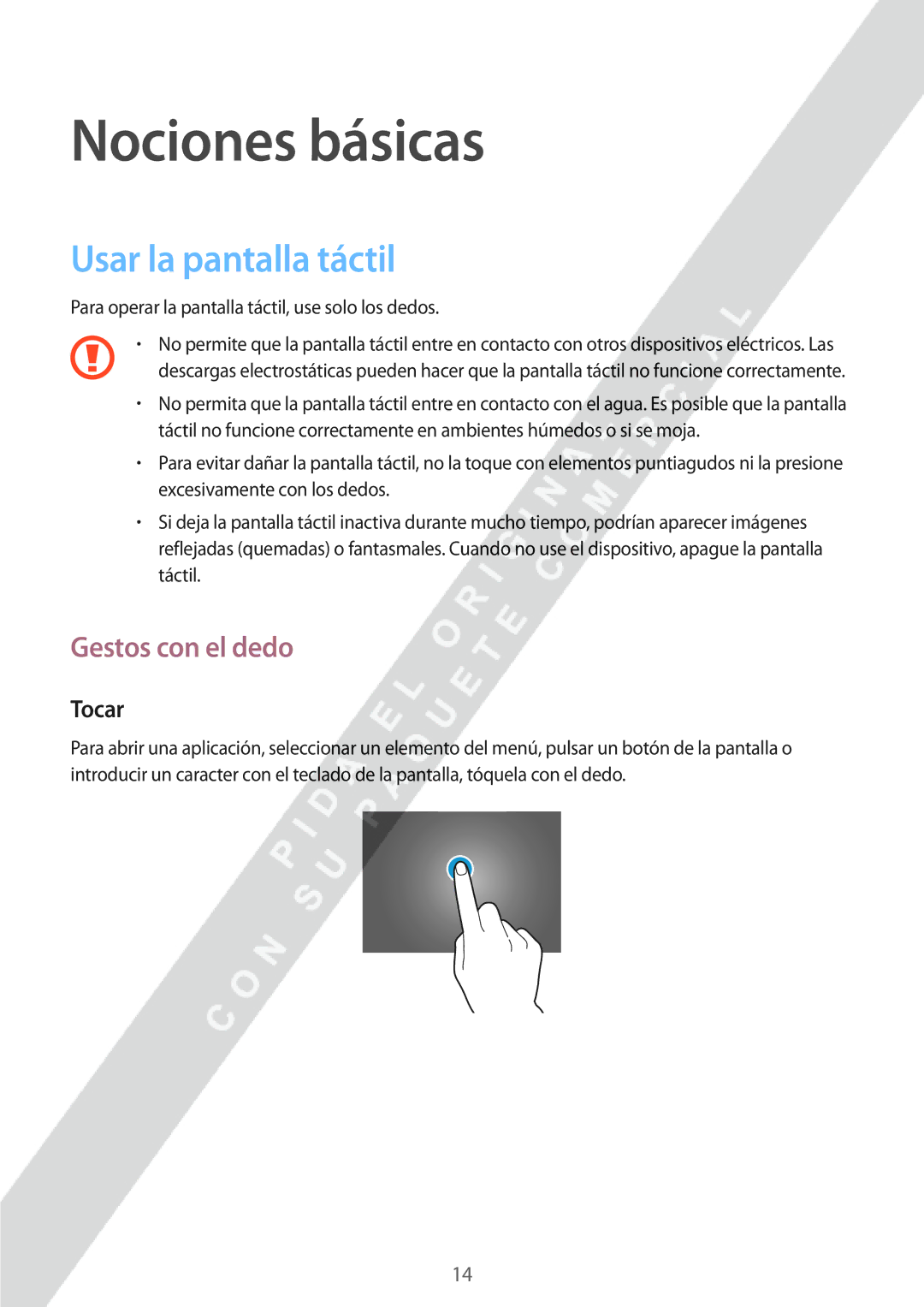 Samsung GT-P8510MSAPHE manual Nociones básicas, Usar la pantalla táctil, Gestos con el dedo, Tocar 