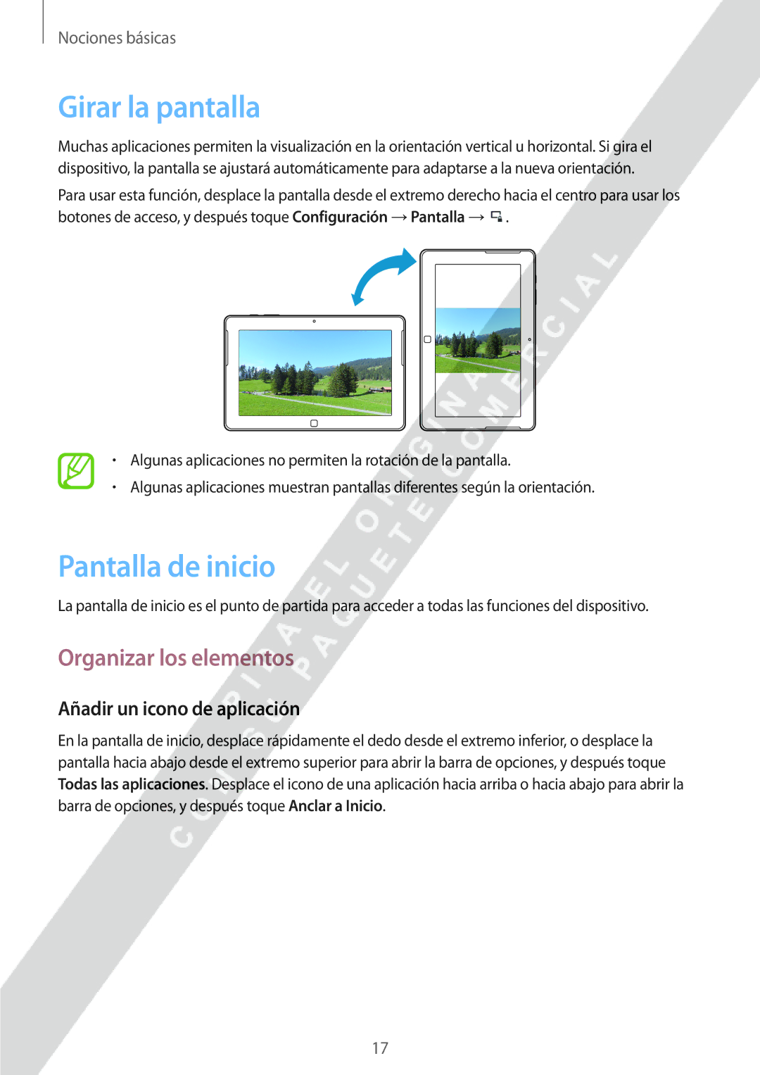 Samsung GT-P8510MSAPHE manual Girar la pantalla, Pantalla de inicio, Organizar los elementos, Añadir un icono de aplicación 