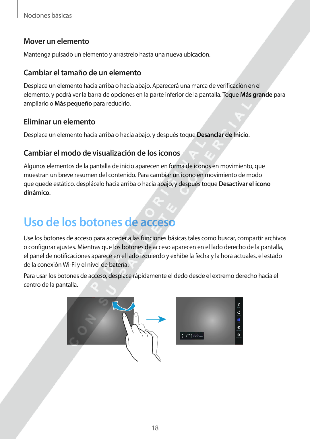 Samsung GT-P8510MSAPHE manual Uso de los botones de acceso, Mover un elemento, Cambiar el tamaño de un elemento 