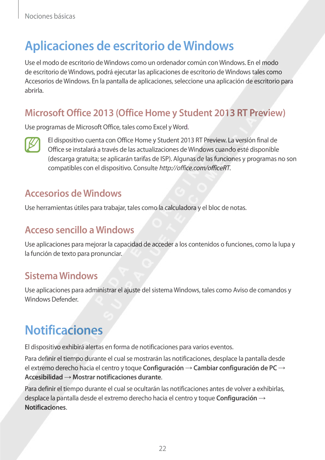 Samsung GT-P8510MSAPHE manual Aplicaciones de escritorio de Windows, Notificaciones, Accesorios de Windows, Sistema Windows 