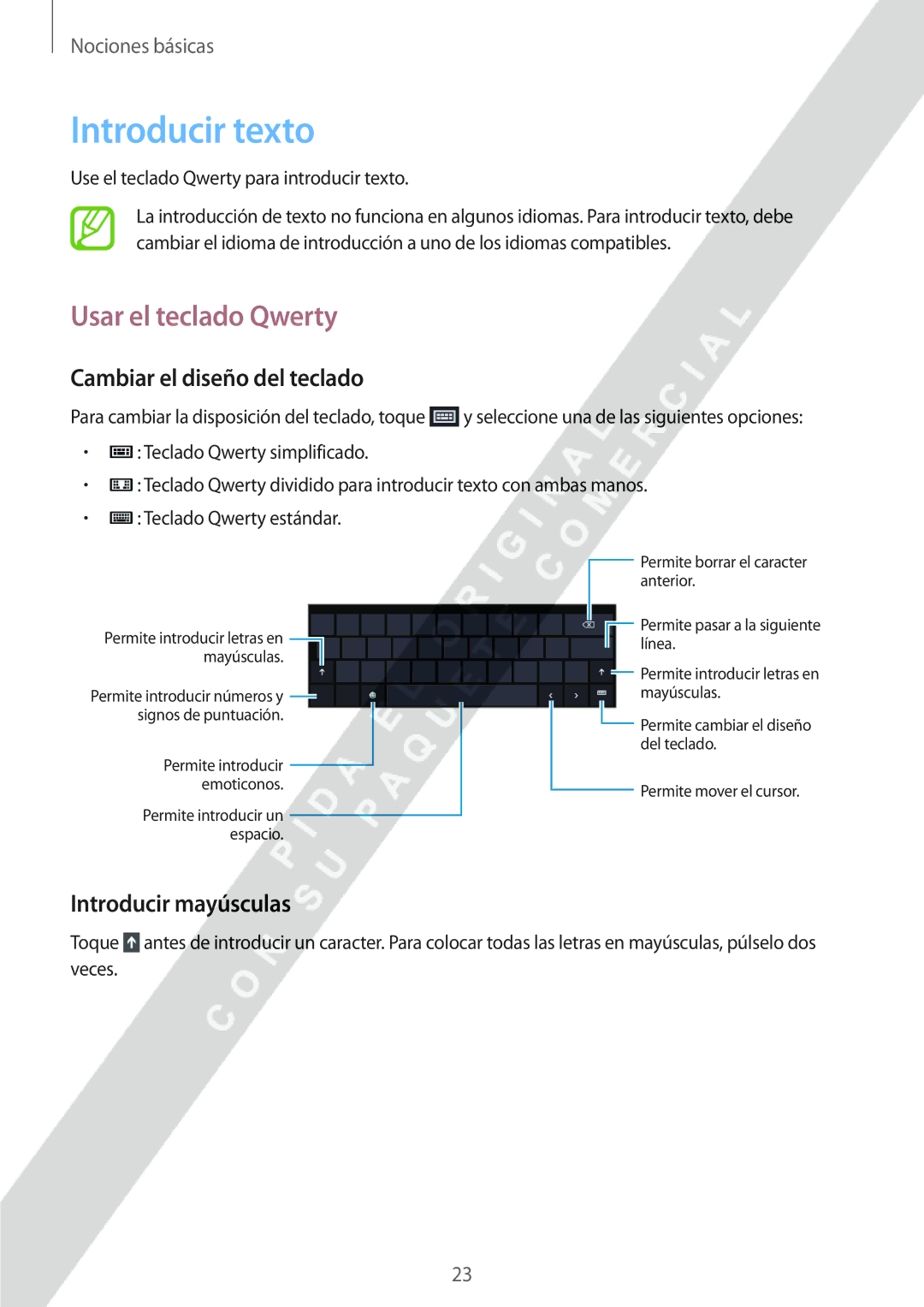 Samsung GT-P8510MSAPHE Introducir texto, Usar el teclado Qwerty, Cambiar el diseño del teclado, Introducir mayúsculas 