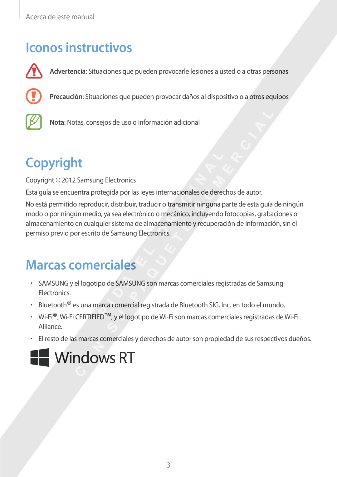 Samsung GT-P8510MSAPHE manual Iconos instructivos, Copyright, Marcas comerciales 