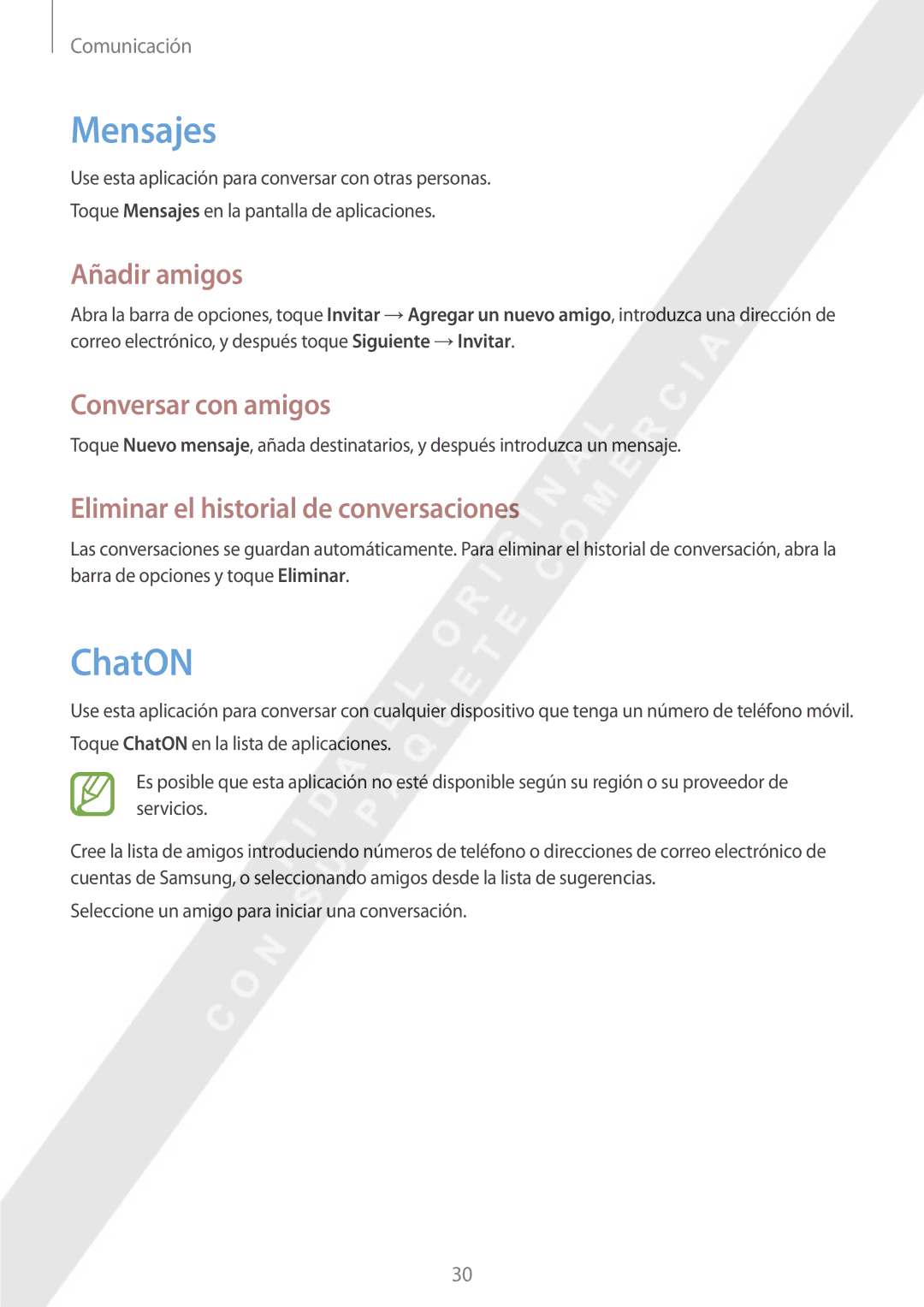 Samsung GT-P8510MSAPHE Mensajes, ChatON, Añadir amigos, Conversar con amigos, Eliminar el historial de conversaciones 