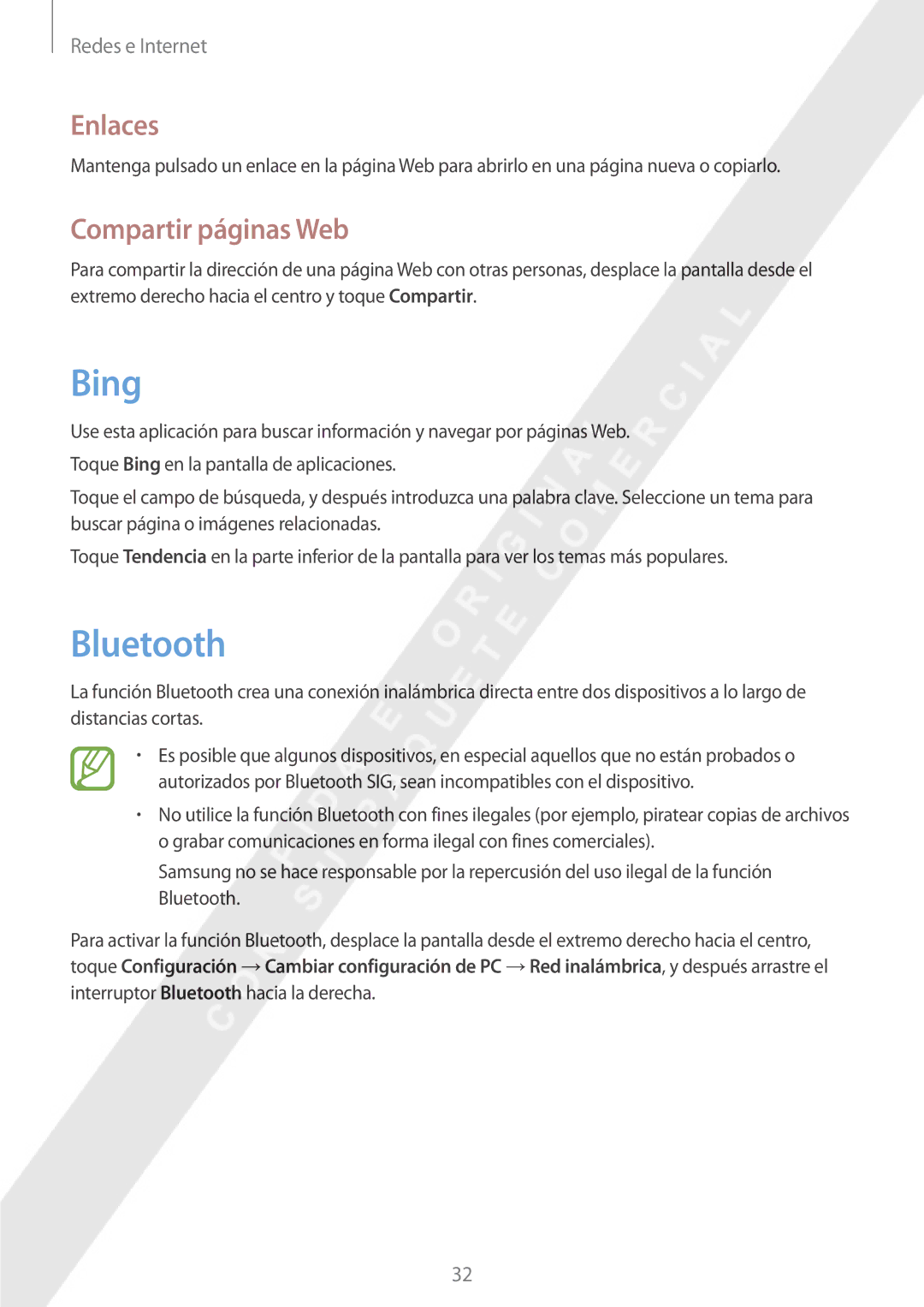 Samsung GT-P8510MSAPHE manual Bing, Bluetooth, Enlaces, Compartir páginas Web 