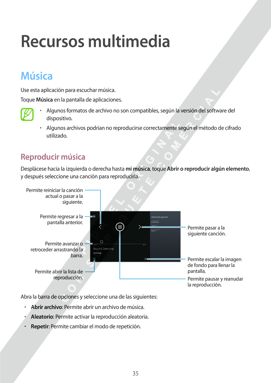 Samsung GT-P8510MSAPHE manual Recursos multimedia, Música, Reproducir música 