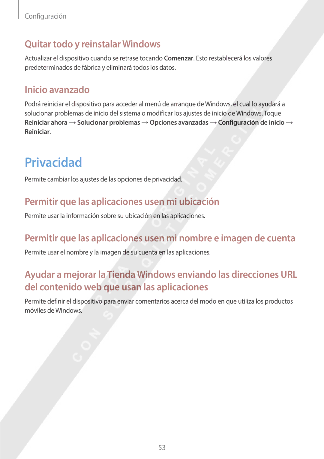 Samsung GT-P8510MSAPHE manual Privacidad, Quitar todo y reinstalar Windows, Inicio avanzado 