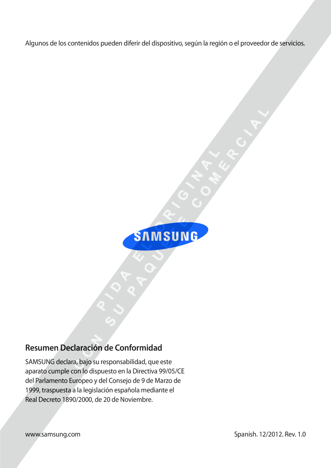 Samsung GT-P8510MSAPHE manual Resumen Declaración de Conformidad 