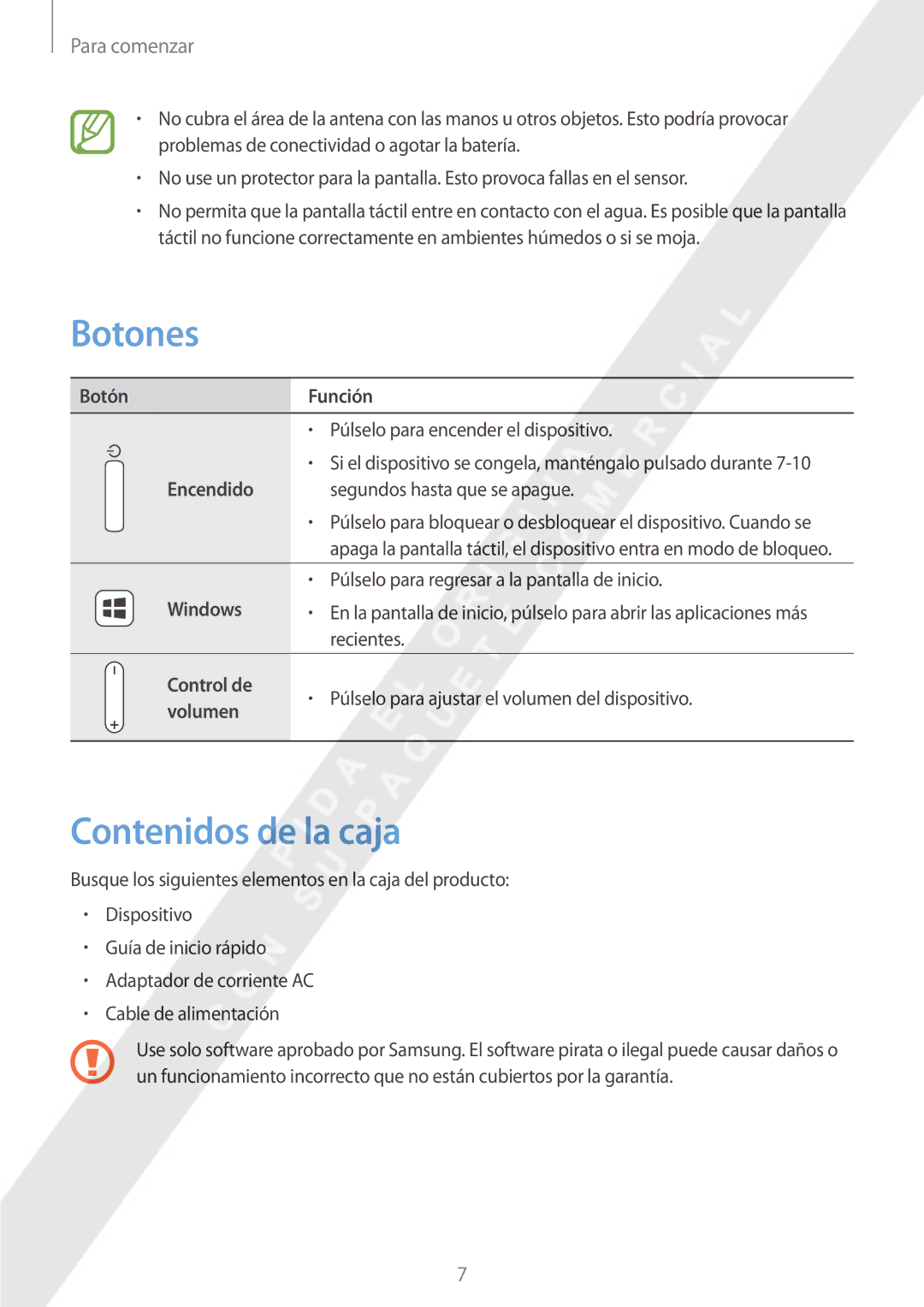 Samsung GT-P8510MSAPHE manual Botones, Contenidos de la caja 