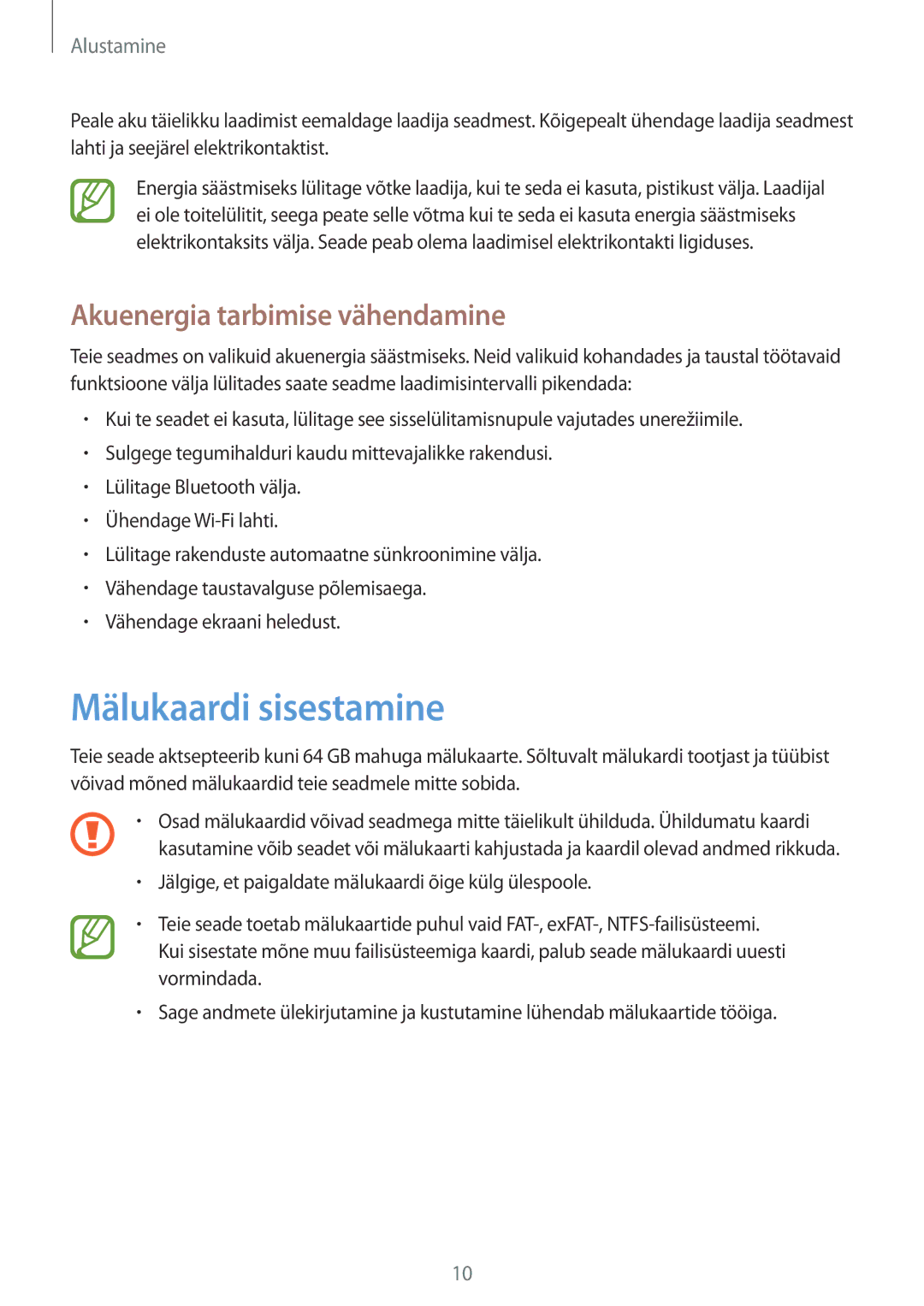 Samsung GT-P8510MSASEB manual Mälukaardi sisestamine, Akuenergia tarbimise vähendamine 