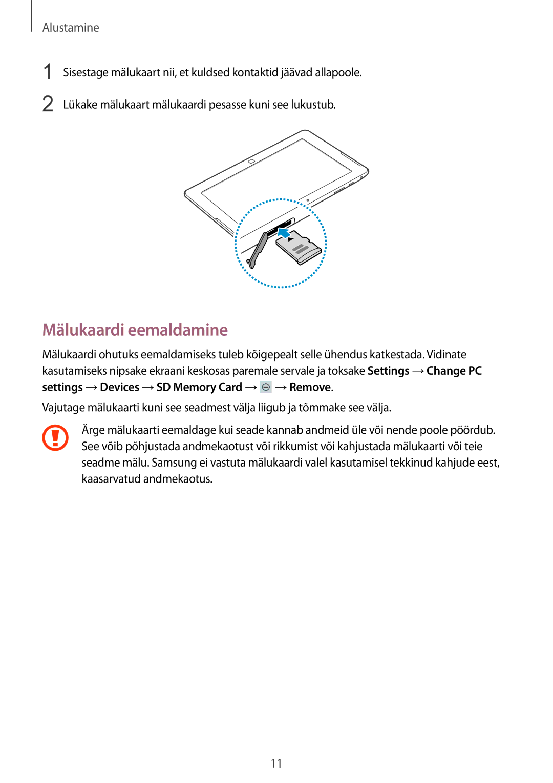 Samsung GT-P8510MSASEB manual Mälukaardi eemaldamine 