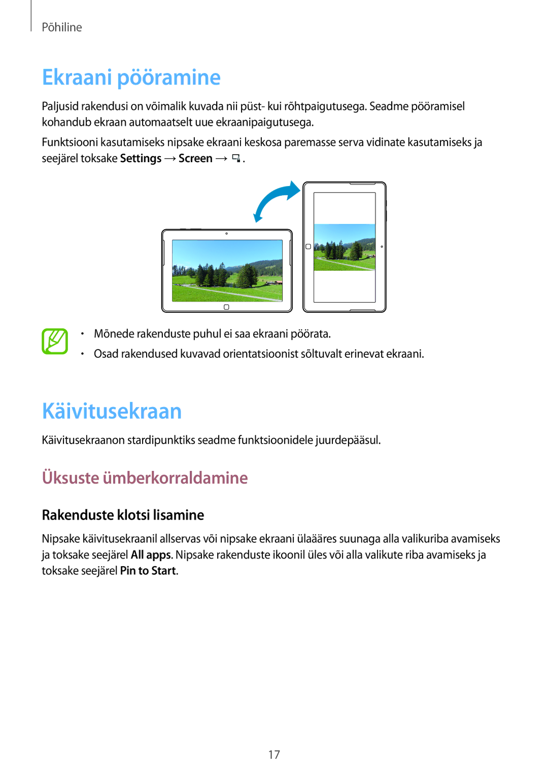 Samsung GT-P8510MSASEB manual Ekraani pööramine, Käivitusekraan, Üksuste ümberkorraldamine, Rakenduste klotsi lisamine 