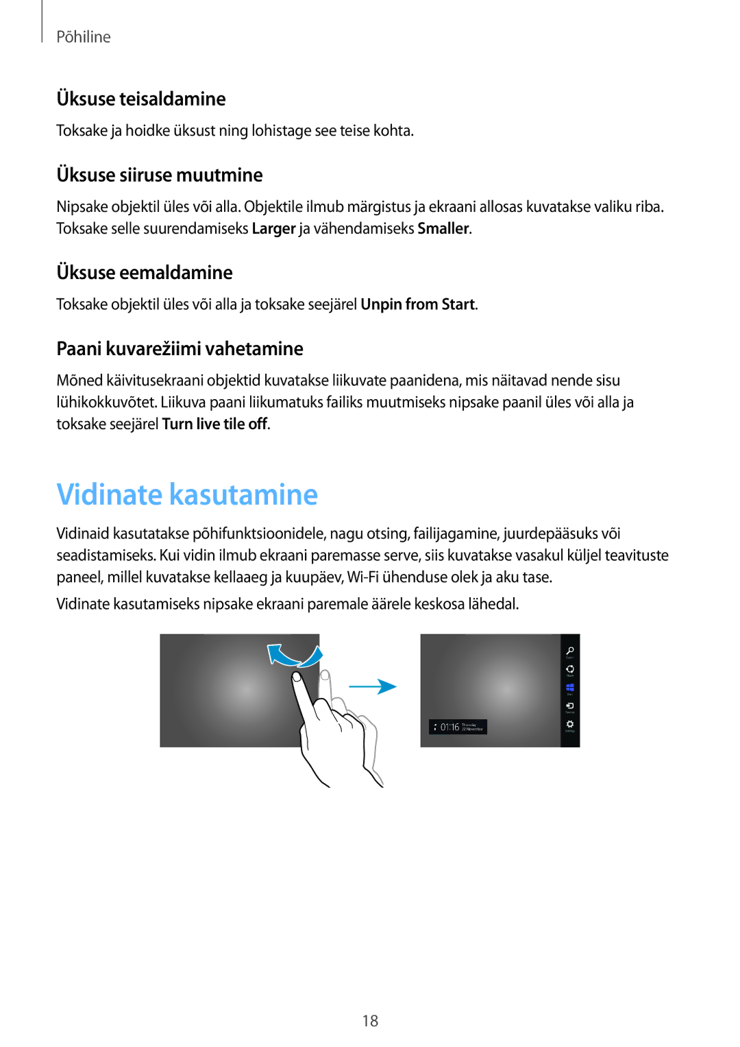 Samsung GT-P8510MSASEB manual Vidinate kasutamine, Üksuse teisaldamine, Üksuse siiruse muutmine, Üksuse eemaldamine 