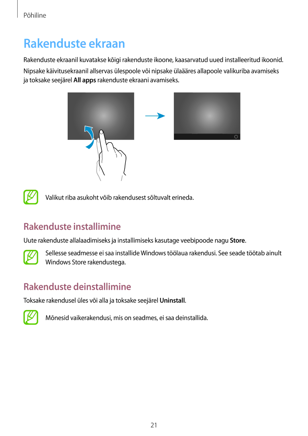 Samsung GT-P8510MSASEB manual Rakenduste ekraan, Rakenduste installimine, Rakenduste deinstallimine 