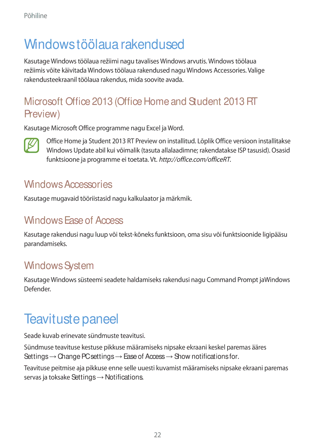Samsung GT-P8510MSASEB manual Windows töölaua rakendused, Teavituste paneel, Windows Accessories, Windows Ease of Access 