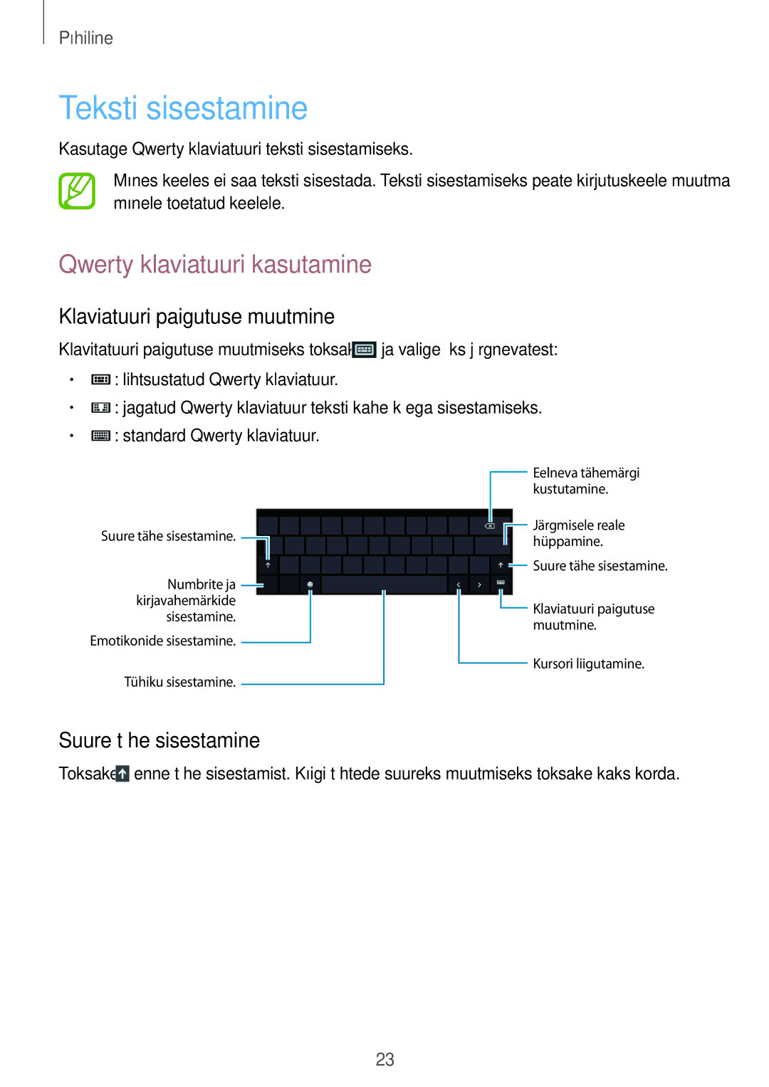 Samsung GT-P8510MSASEB manual Teksti sisestamine, Qwerty klaviatuuri kasutamine, Klaviatuuri paigutuse muutmine 