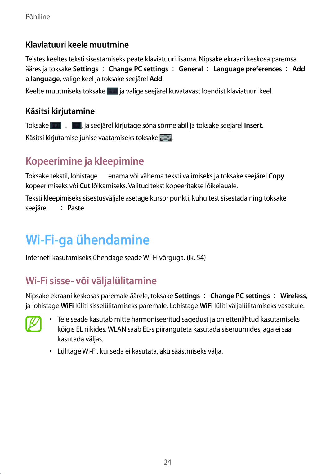Samsung GT-P8510MSASEB manual Wi-Fi-ga ühendamine, Kopeerimine ja kleepimine, Wi-Fi sisse- või väljalülitamine 