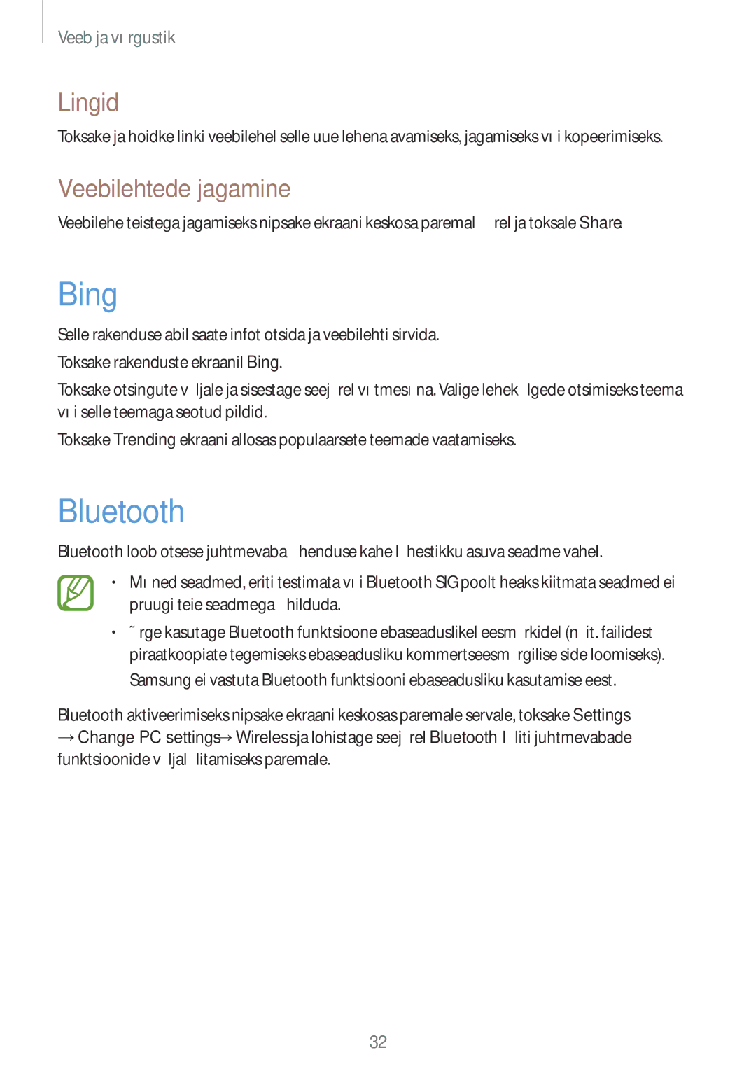 Samsung GT-P8510MSASEB manual Bing, Bluetooth, Lingid, Veebilehtede jagamine 