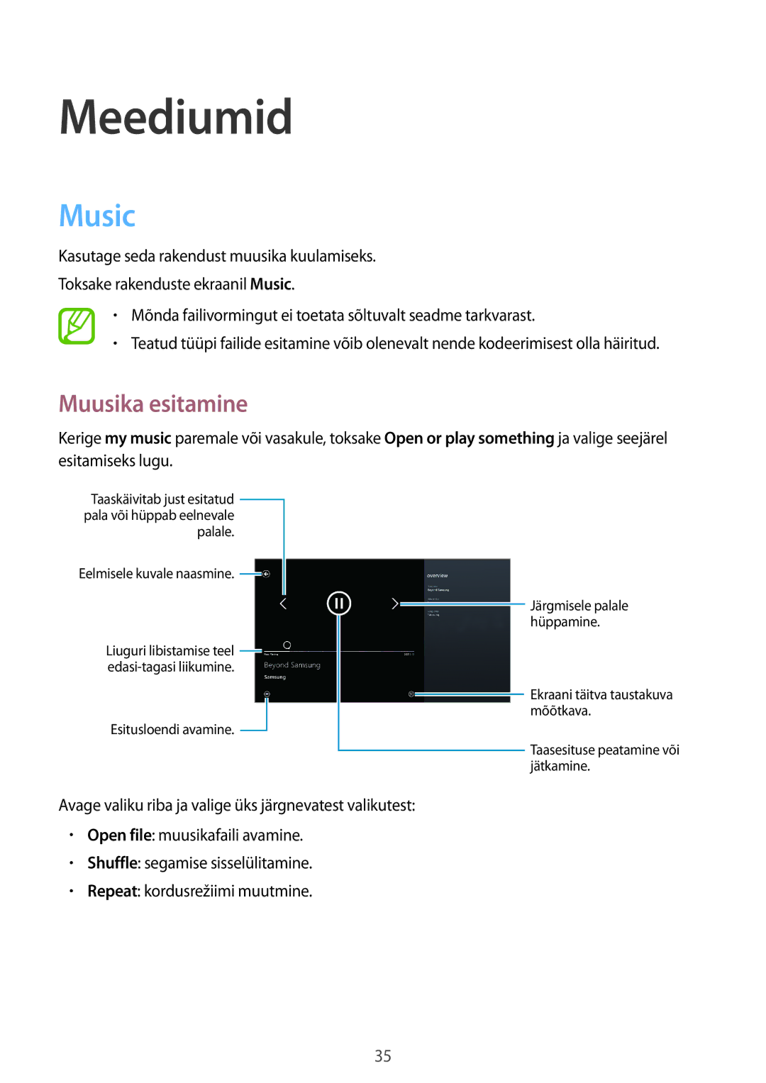 Samsung GT-P8510MSASEB manual Meediumid, Music, Muusika esitamine 