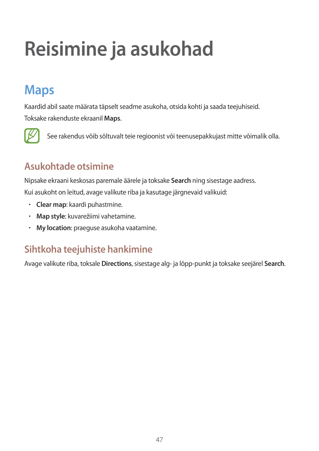 Samsung GT-P8510MSASEB manual Reisimine ja asukohad, Maps, Asukohtade otsimine, Sihtkoha teejuhiste hankimine 