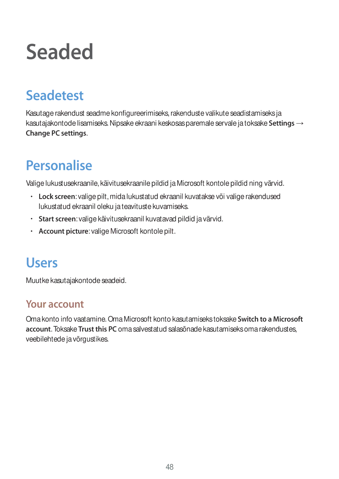 Samsung GT-P8510MSASEB manual Seaded, Seadetest, Personalise, Users, Your account 