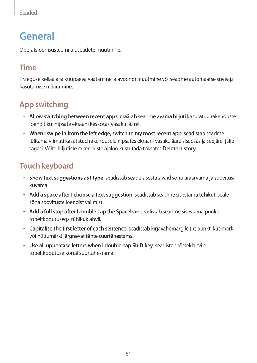 Samsung GT-P8510MSASEB manual General, Time, App switching, Touch keyboard 