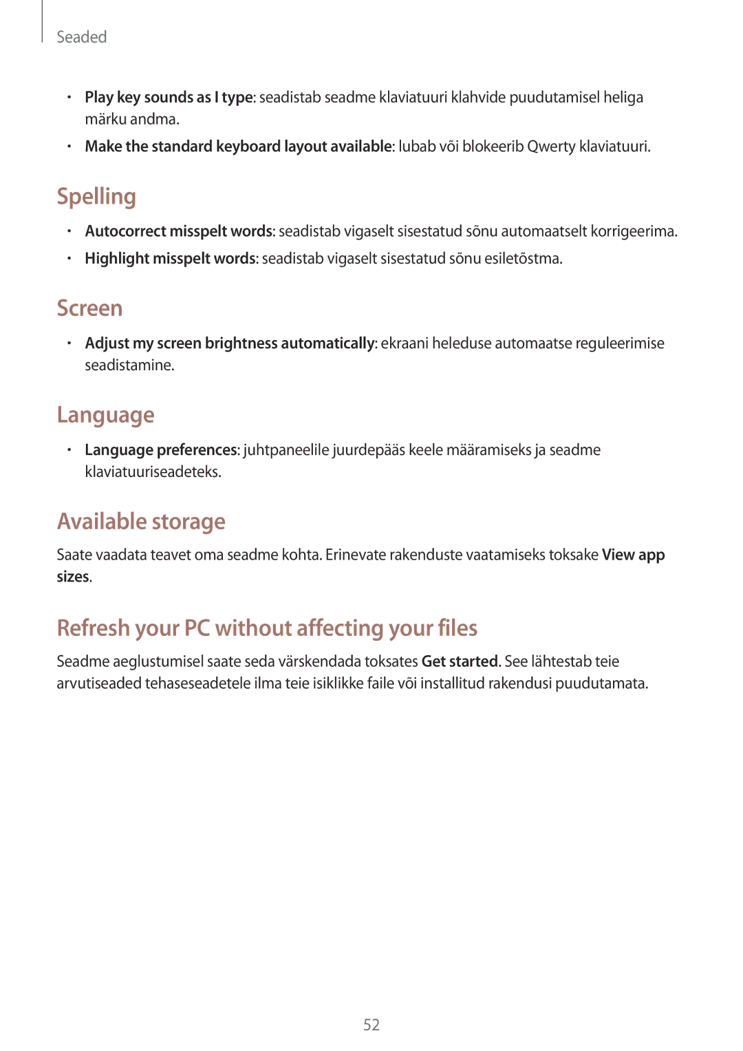 Samsung GT-P8510MSASEB manual Spelling, Screen, Language, Available storage, Refresh your PC without affecting your files 