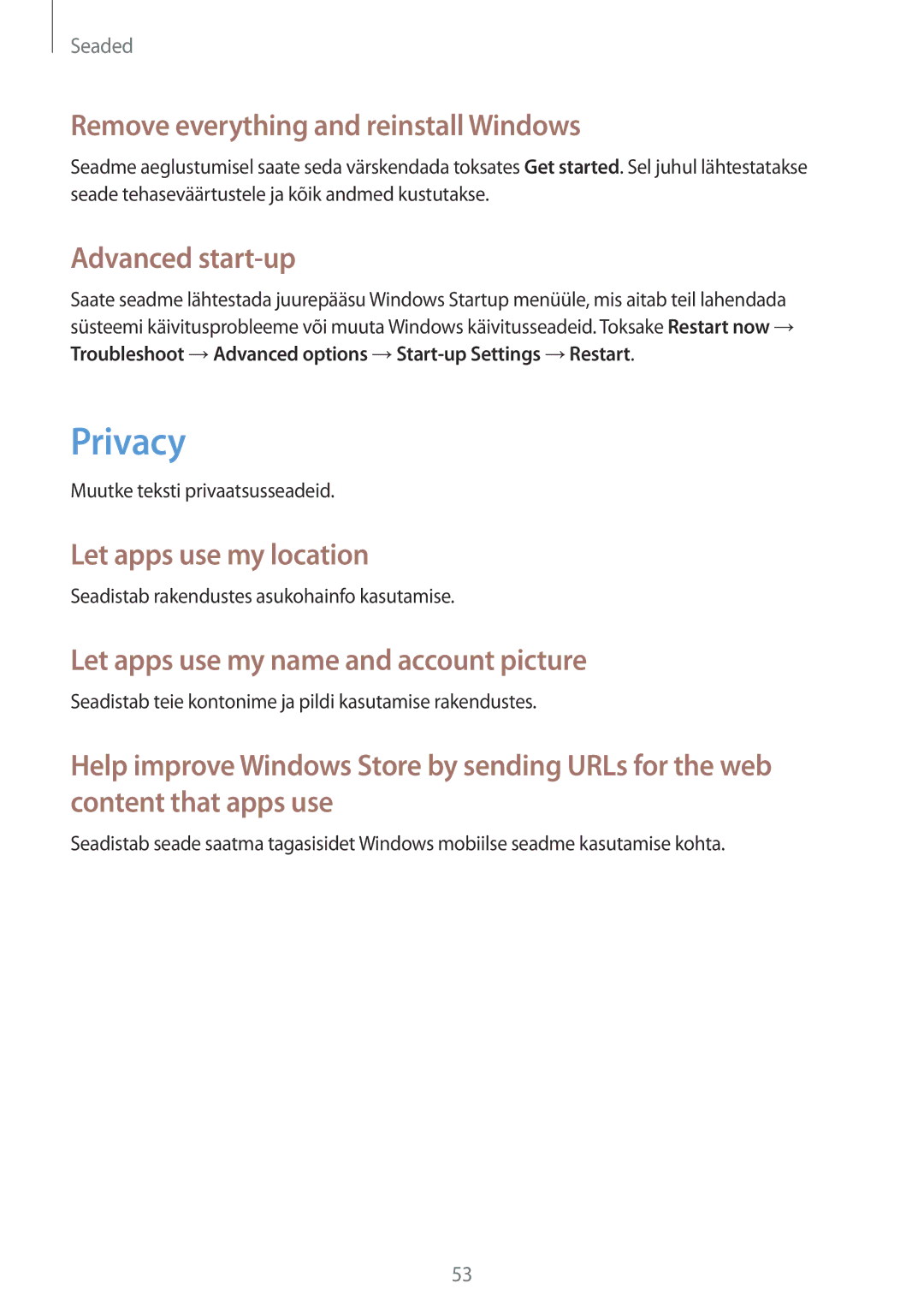 Samsung GT-P8510MSASEB manual Privacy, Remove everything and reinstall Windows, Advanced start-up, Let apps use my location 