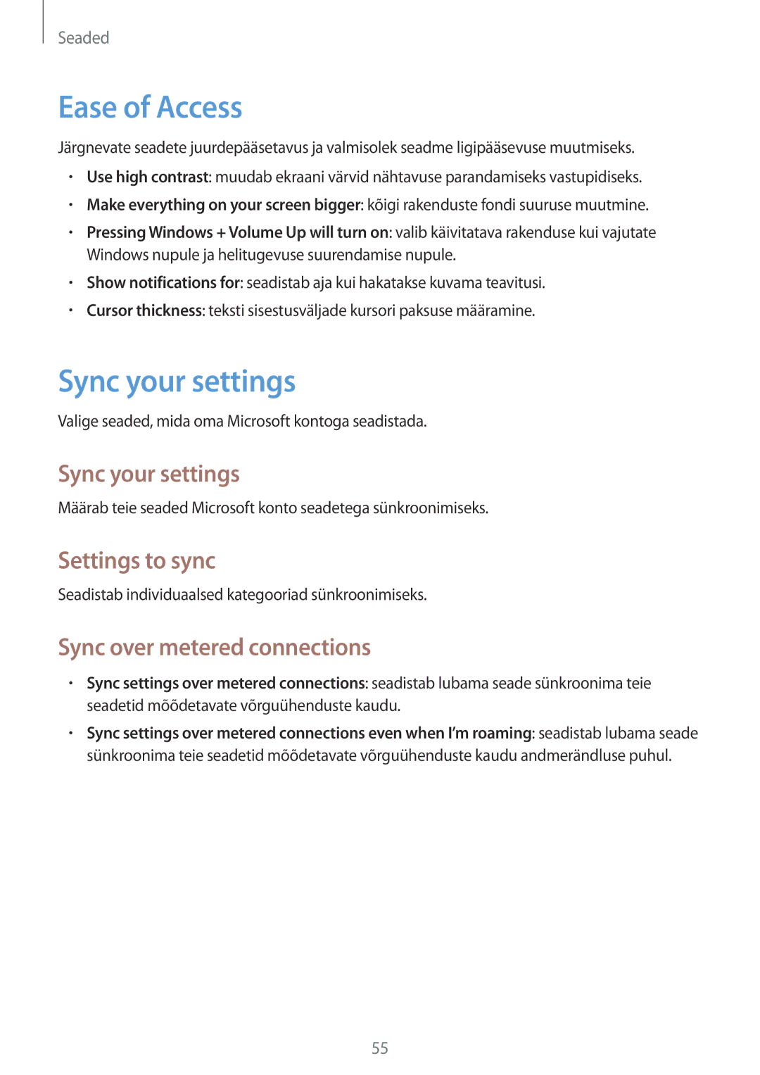 Samsung GT-P8510MSASEB manual Ease of Access, Sync your settings, Settings to sync, Sync over metered connections 