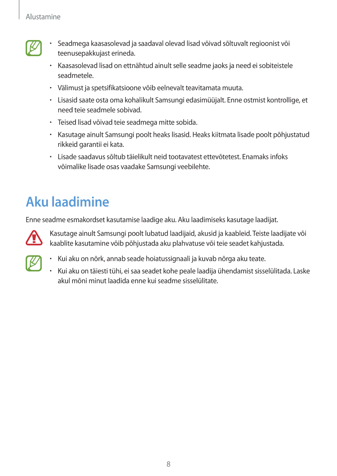 Samsung GT-P8510MSASEB manual Aku laadimine 