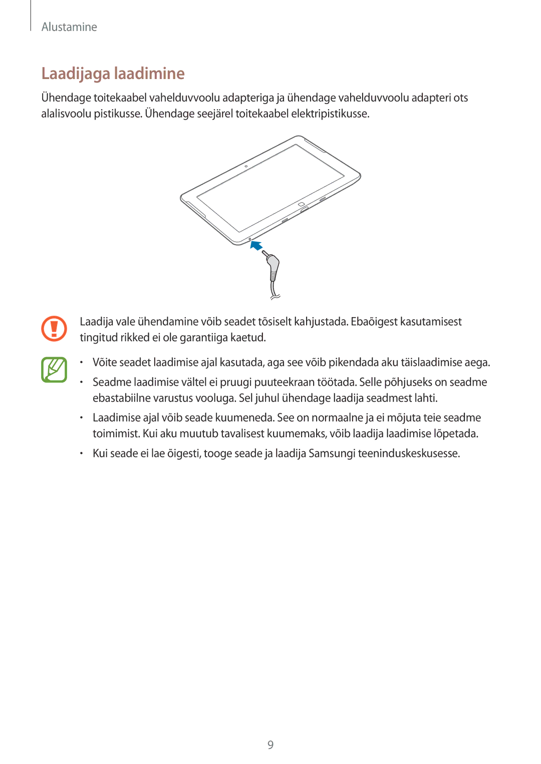 Samsung GT-P8510MSASEB manual Laadijaga laadimine 