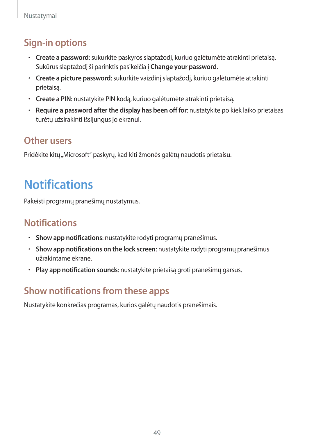 Samsung GT-P8510MSASEB manual Notifications, Sign-in options, Other users, Show notifications from these apps 