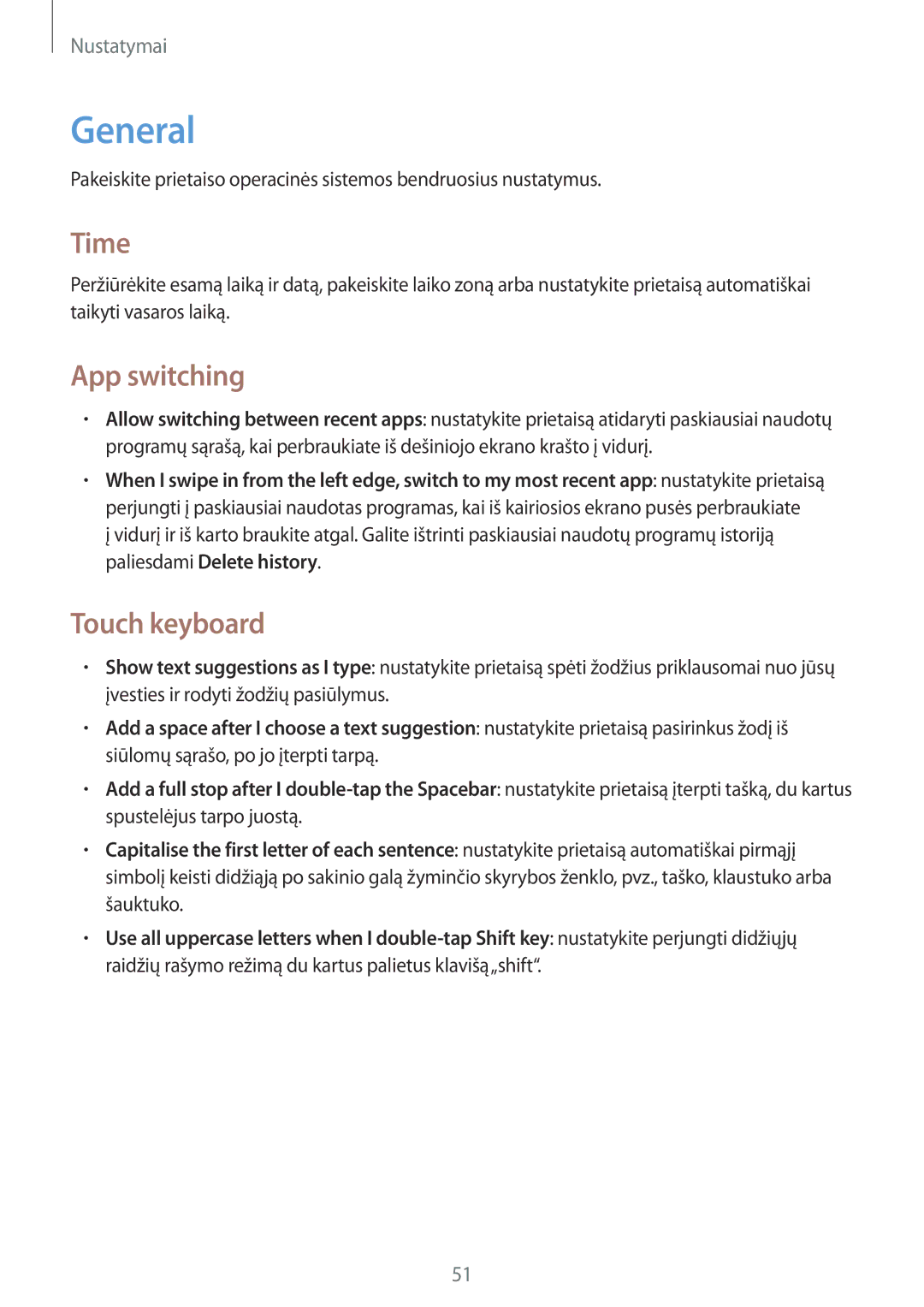 Samsung GT-P8510MSASEB manual General, Time, App switching, Touch keyboard 