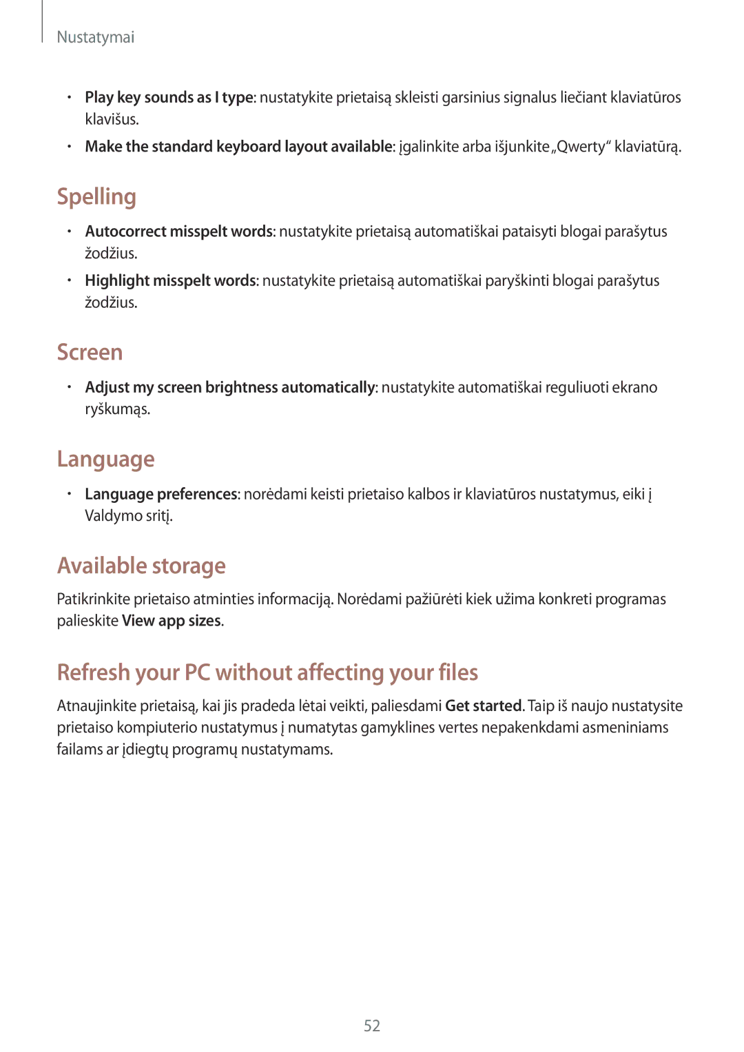 Samsung GT-P8510MSASEB manual Spelling, Screen, Language, Available storage, Refresh your PC without affecting your files 