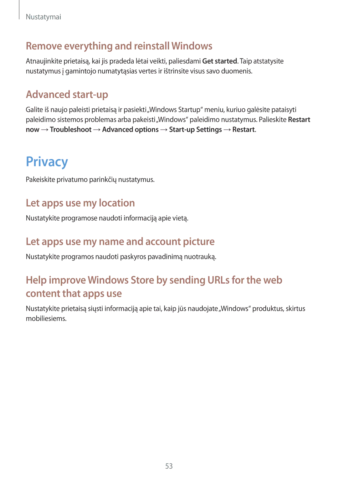 Samsung GT-P8510MSASEB manual Privacy, Remove everything and reinstall Windows, Advanced start-up, Let apps use my location 