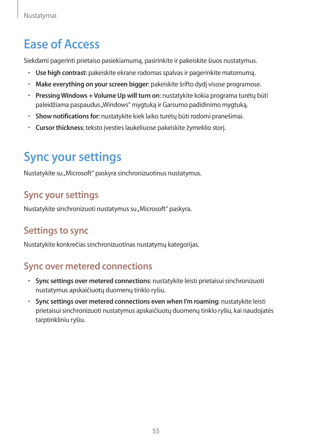 Samsung GT-P8510MSASEB manual Ease of Access, Sync your settings, Settings to sync, Sync over metered connections 