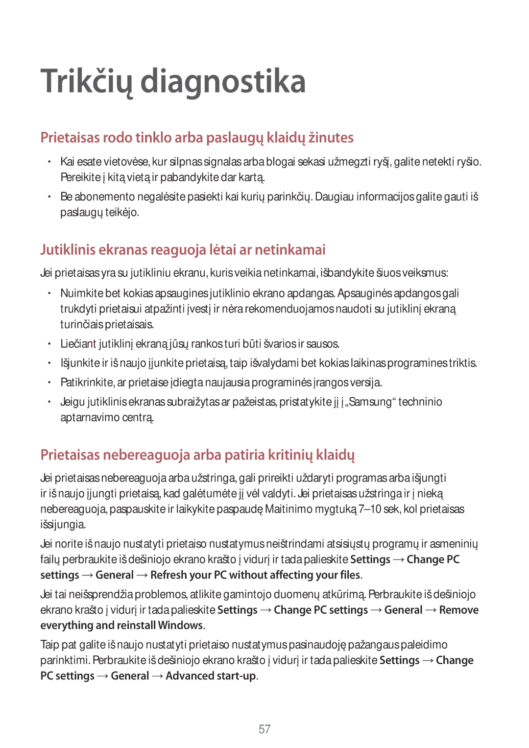 Samsung GT-P8510MSASEB manual Trikčių diagnostika, Prietaisas rodo tinklo arba paslaugų klaidų žinutes 