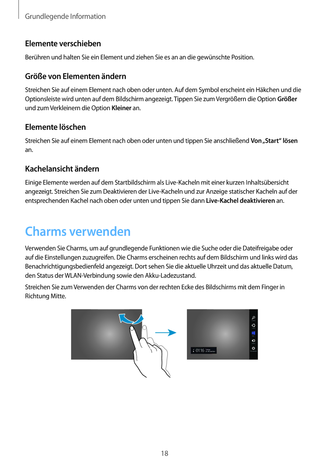 Samsung GT-P8510MSATPH manual Charms verwenden, Elemente verschieben, Größe von Elementen ändern, Elemente löschen 