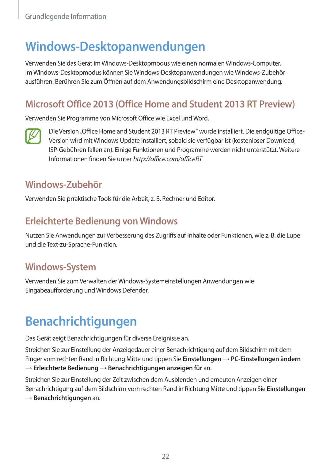 Samsung GT-P8510MSADBT Windows-Desktopanwendungen, Benachrichtigungen, Windows-Zubehör, Erleichterte Bedienung von Windows 