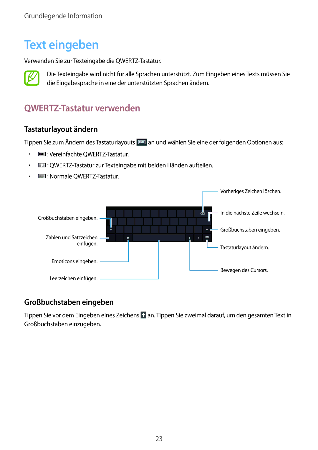 Samsung GT-P8510MSAATO manual Text eingeben, QWERTZ-Tastatur verwenden, Tastaturlayout ändern, Großbuchstaben eingeben 