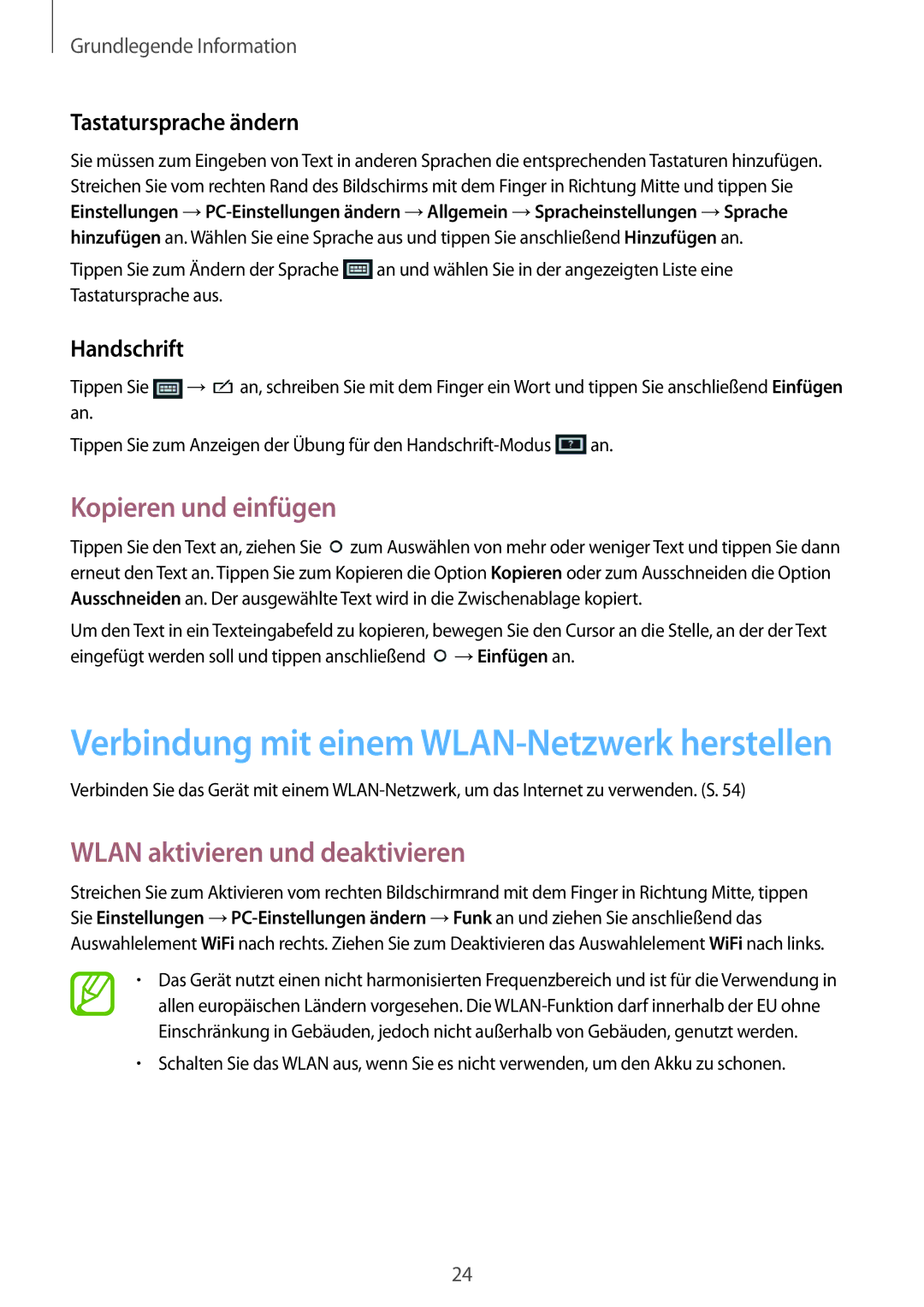 Samsung GT-P8510MSATPH manual Kopieren und einfügen, Wlan aktivieren und deaktivieren, Tastatursprache ändern, Handschrift 