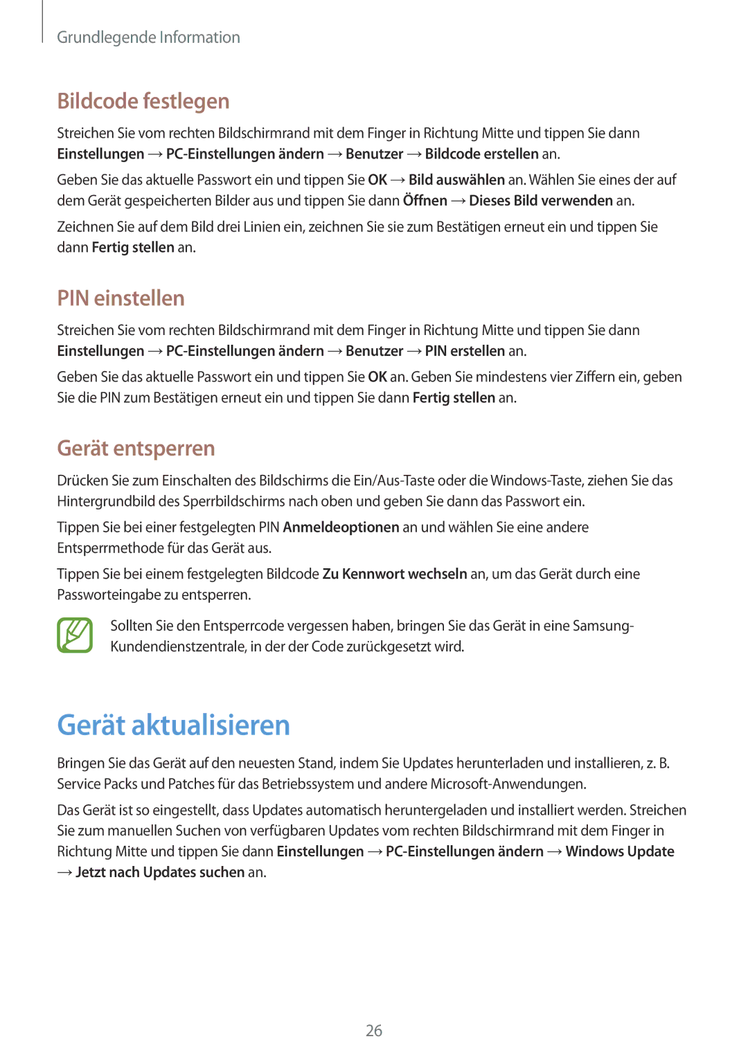 Samsung GT-P8510MSAATO, GT-P8510MSATPH manual Gerät aktualisieren, Bildcode festlegen, PIN einstellen, Gerät entsperren 